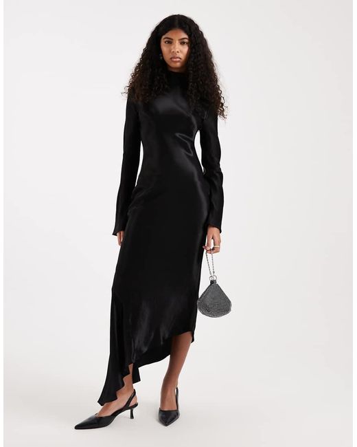 ASOS Black Bias Satin Asymmetric Hem Maxi Dress
