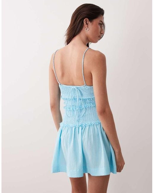 ASOS Blue Crinkle Mini Sundress With Shirred Dropped Waist