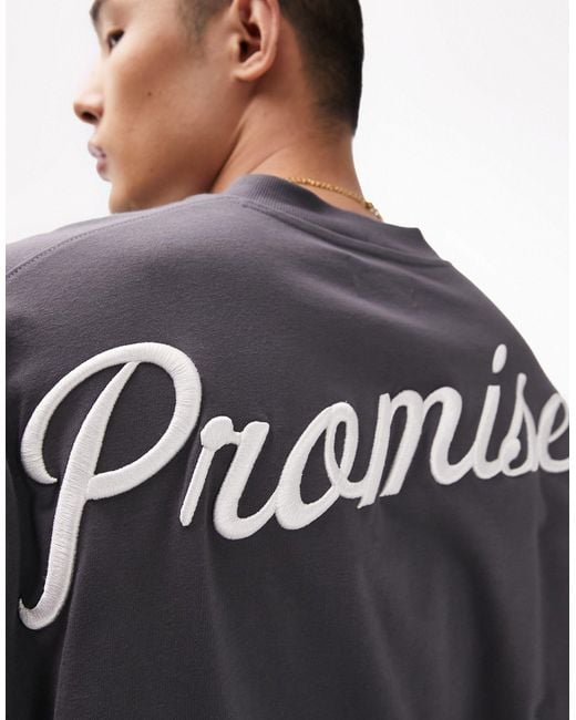 T-shirt super oversize pesante antracite con ricamo "promises" sul davanti e sul retro di Topman in Blue da Uomo