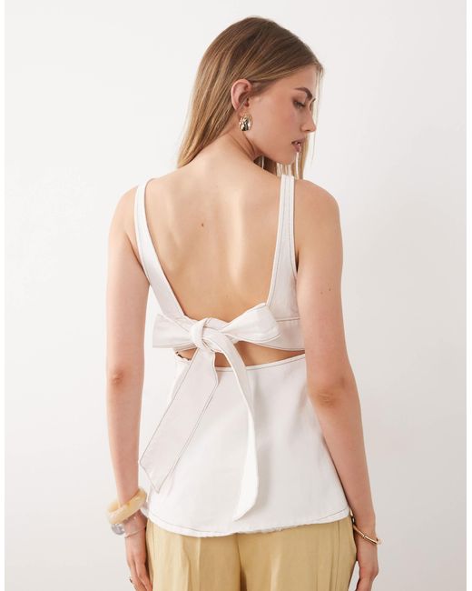 ASOS Natural Denim Peplum Top With Bow Back Detail