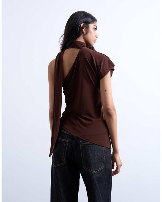 TOPSHOP Brown Ruched Scarf Detail Asymmetric Hem Top