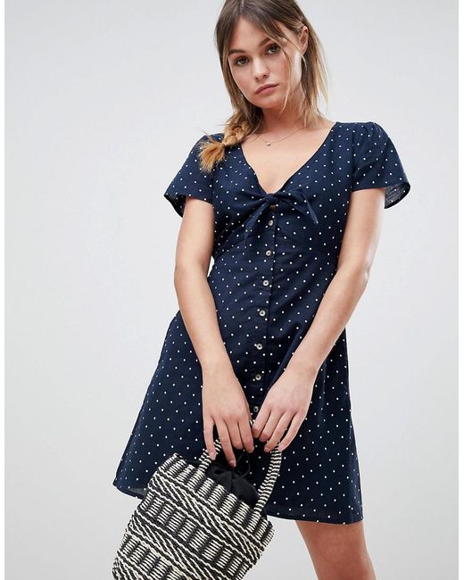 Abercrombie & Fitch Blue Polka Dot Dress With Knot Front
