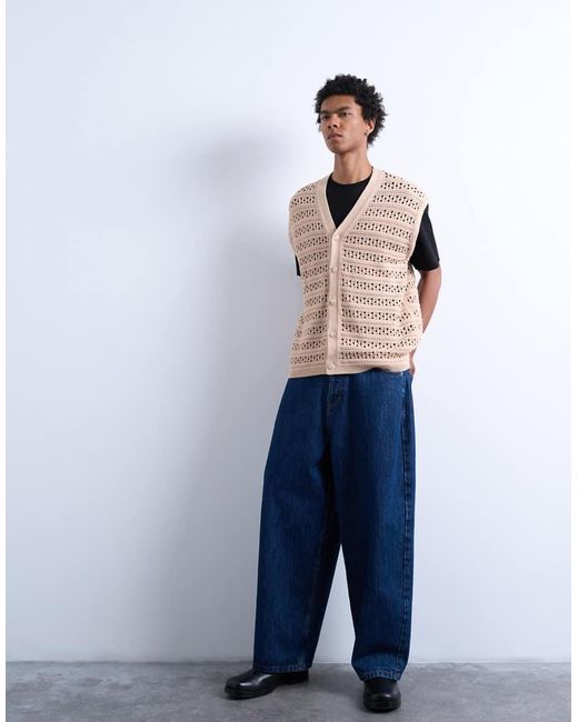Topman Blue Relaxed Fit Button Through Knitted Tank for men