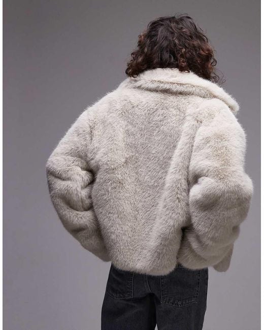 TOPSHOP White Faux Fur Zip Through Short Coat With Funnel Neck