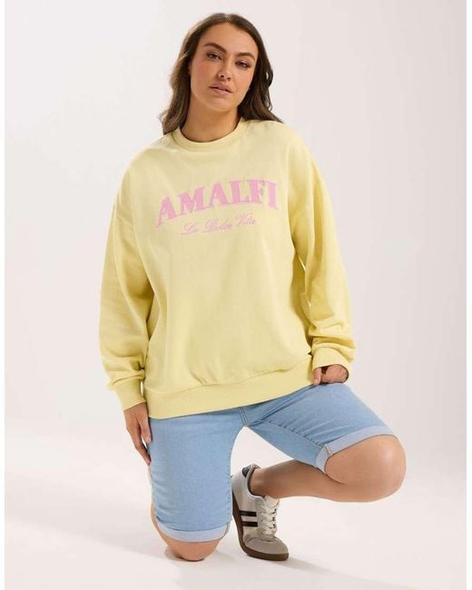 Yours Clothing Yellow 'Amalfi' Embroidered Slogan Sweatshirt