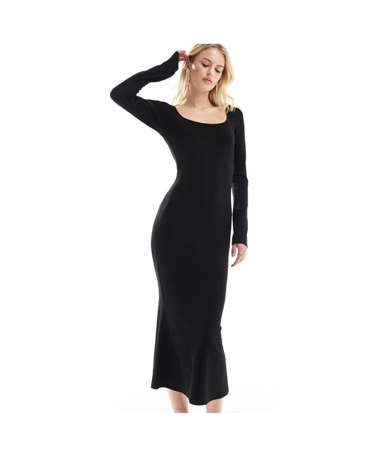 Asos design tall - robe mi-longue douce à encolure carrée et manches longues ASOS en coloris Black