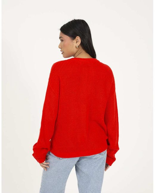 Brave Soul Red Round Neck Fisherman Knit Cardigan