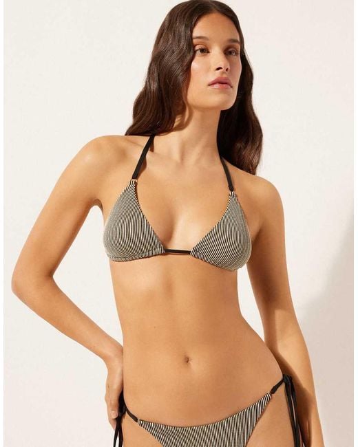 Calzedonia Brown Triangle Bikini Top Golden Stripes