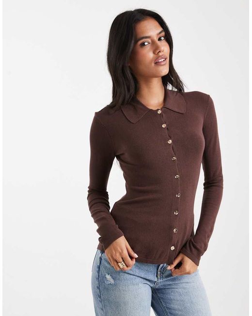 4th & Reckless Brown Fitted Ribbed Knit Gold Button Through Collared Top