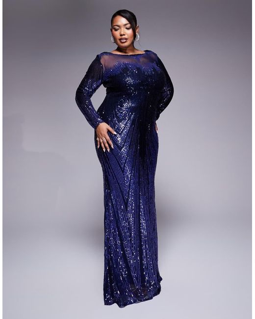 Goddiva Blue Curve Long Sleeve Aztec Sequin Maxi Dress