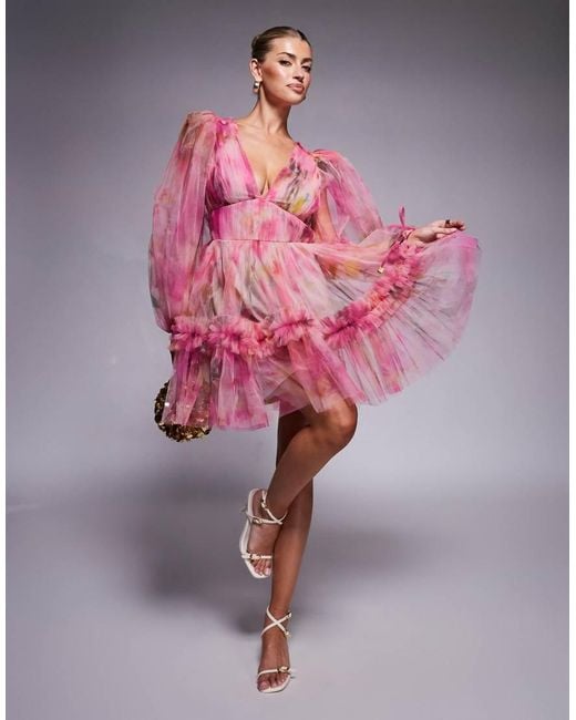 LACE & BEADS Pink Balloon Sleeve Organza Mini Dress