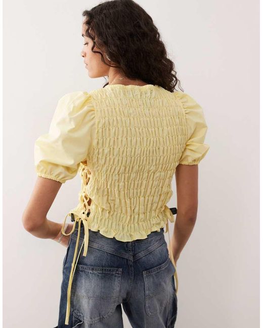 Collusion Natural Shirred Top With Lace Up Detail At Side