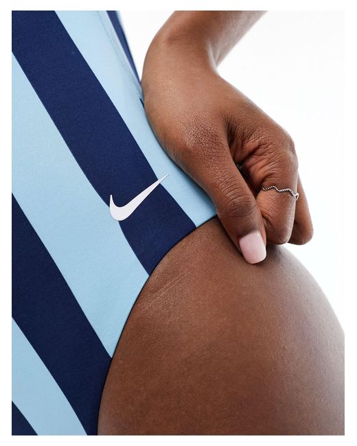 Nike Blue Statement Stripe V-neck Swimsuit