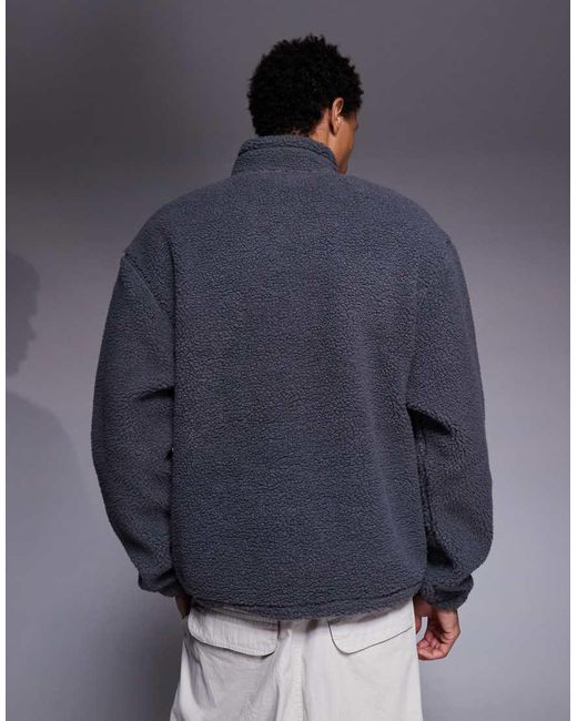 ASOS Blue Relaxed Funnel Neck Zip Through Borg Sweatshirt for men
