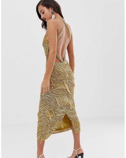 ASOS Metallic Sequin Fringe Cutout Bodycon Midi Dress