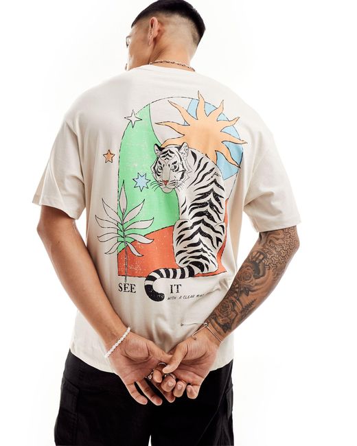 Jack & Jones Gray Oversized T-shirt With Tiger Coloured Backprint for men