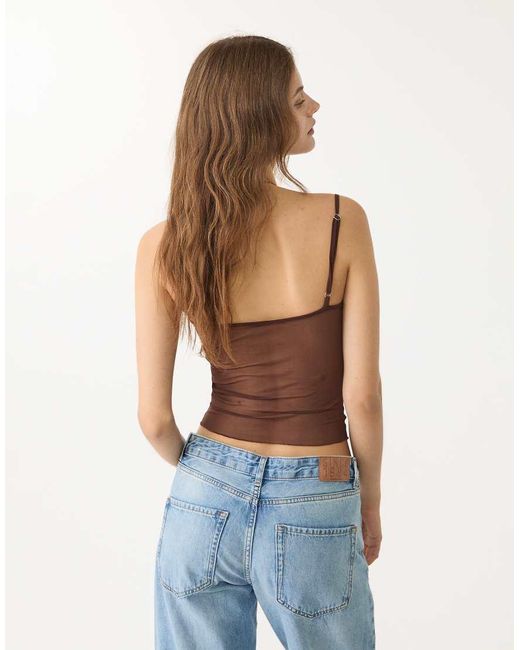 Stradivarius Top Van Tule Met Ruches in het Brown
