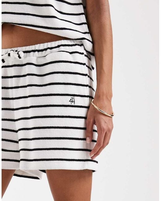 4th & Reckless White Cotton Rich Towelling Collared Drawstring Waist Shorts Co-ord