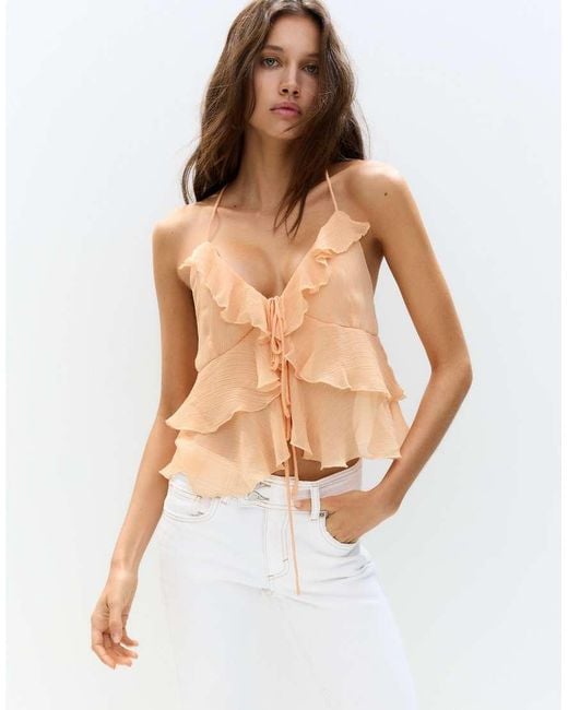 Pull&Bear White Ruffled Top With Bow
