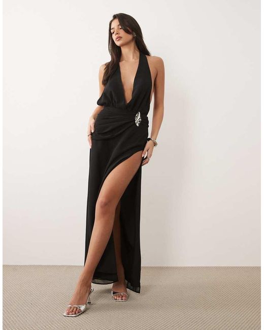 Missy Empire Black Chiffon Plunge Wrap Metal Detailing Open Back Thigh Split Maxi Dress