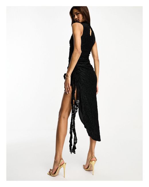 ASOS Black High Neck Midi Dress With Drape Skirt