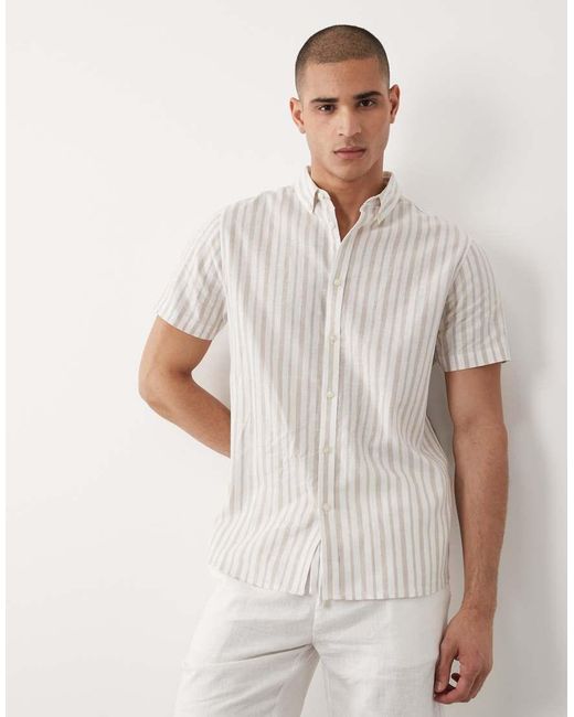 Threadbare White Linen Mix Short Sleeve Shirt for men