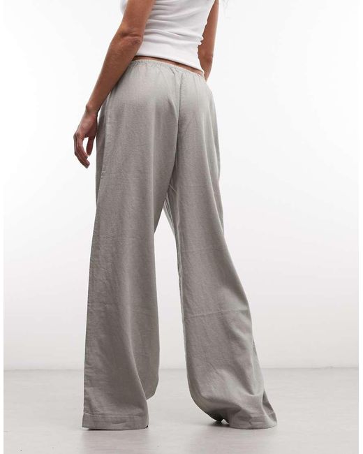 Weekday Gray Pull On Linen Mix Wide Leg Trousers