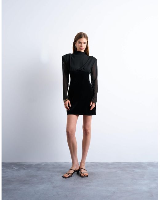 Robe courte à manches longues en velours et mousseline avec épaulettes TOPSHOP en coloris Black