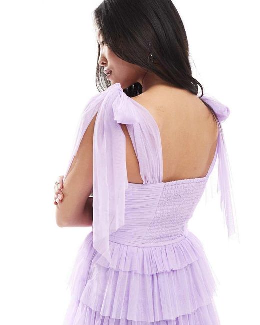 LACE & BEADS Purple Bridesmaid Bow Shoulder Tulle Maxi Dress