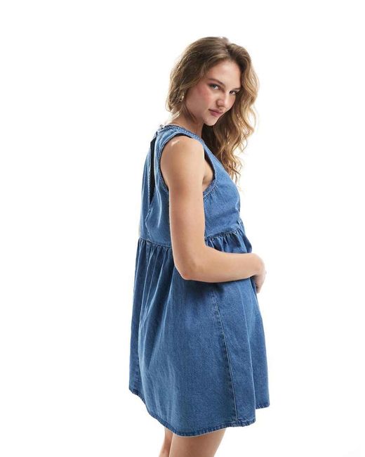 ASOS Blue Denim Mini Dress With Crochet Insert