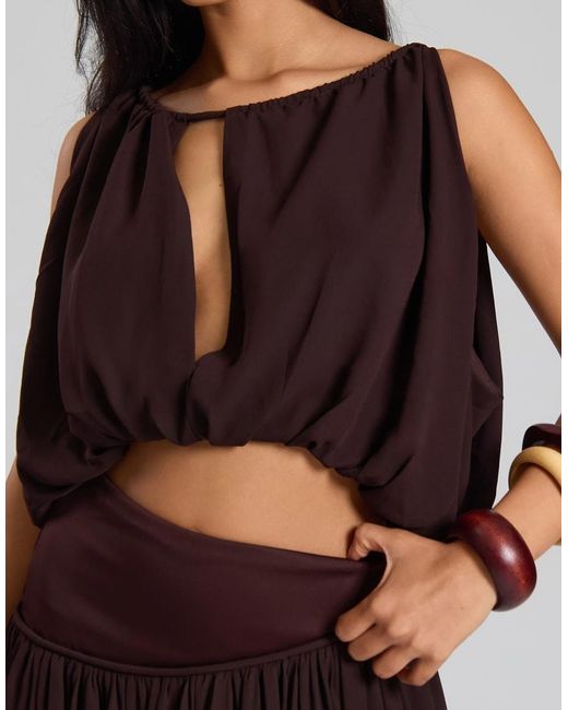 Missy Empire Brown Woven Ruched Tie Front Crop Top