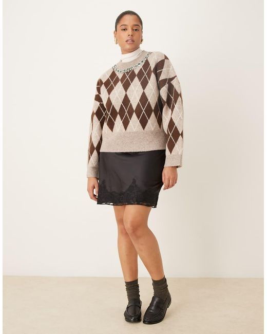 ASOS Natural Asos Design Curve Argyle Embellished Neck Jumper