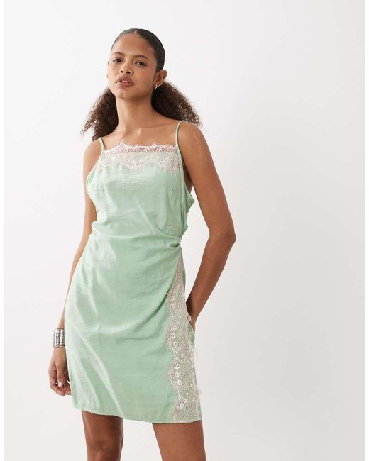 ASOS Green Cami Pink Lace Applique Crushed Satin Mini Dress