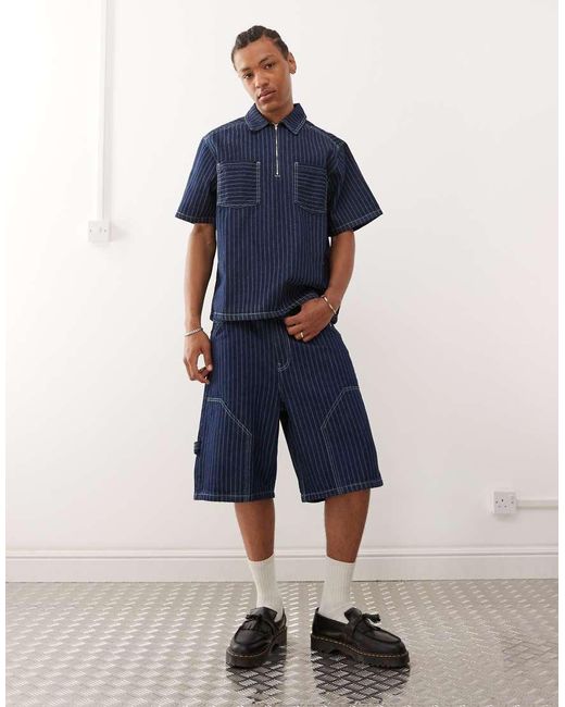 Reclaimed Vintage Blue Denim Pinstripe Carpenter Short Co-ord for men