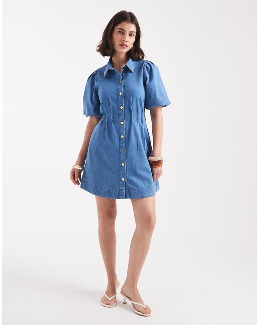 Vero Moda Blue Puff Sleeve Pleated Waist Denim Mini Dress