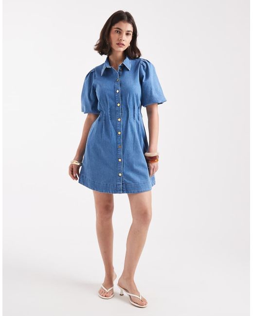 Vero Moda Denim Mini-Jurk Met Pofmouwen En Geplooide Taille in het Blue