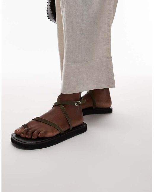 TOPSHOP Green Kayce Real Suede Strappy Flat Sandals