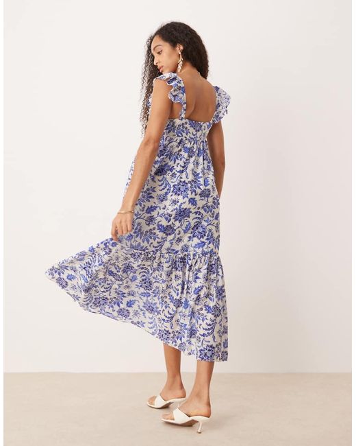 Vestito Midi Con Stampa Botanica E Maniche Con Volant di Mango in Blue