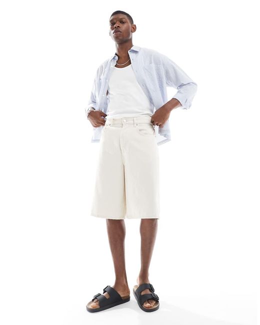 Only & Sons White baggy Fit Longline Denim Short for men
