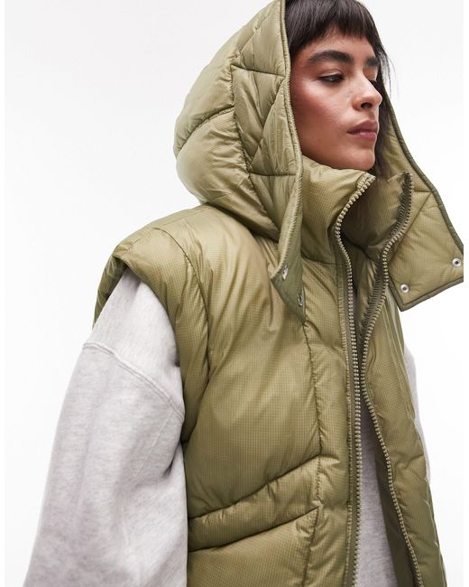 Oversized Hooded Puffer Vest With Seam Details in Green Lyst
