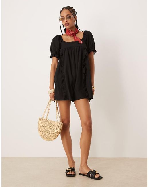 ASOS Babydoll Playsuit Van Linnenmix Met Pofmouwen En Strik Achter in het Black