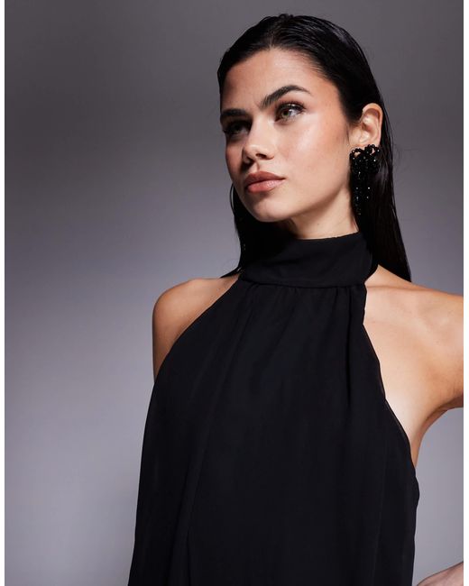 Fashionkilla Black Exclusive Chiffon Halterneck Foldover Detail Ruffle Skirt Mini Dress