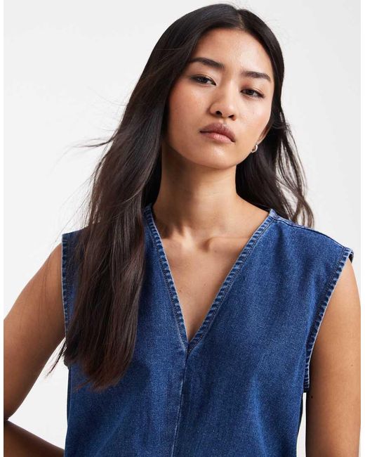 ONLY Blue V Neck Denim Mini Dress