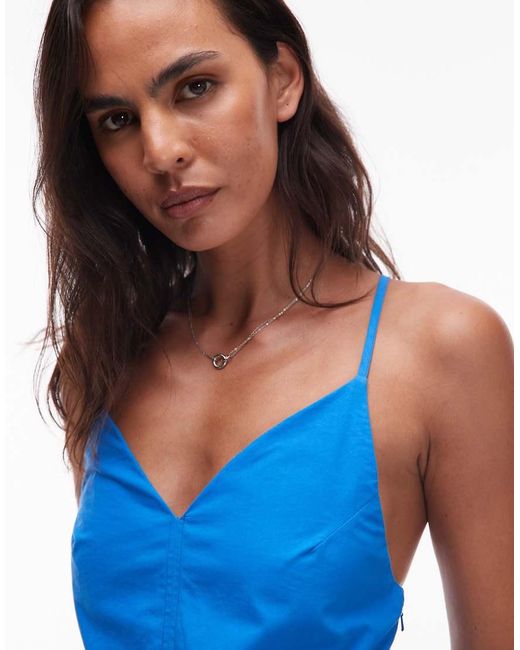 TOPSHOP Blue Deep V Poplin Midi Dress