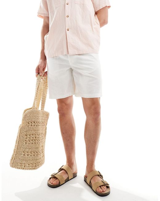 ASOS White Pleated Regular Length Linen Shorts With Fixed Waist for men