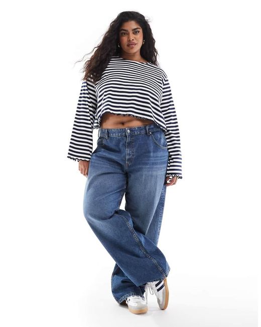 Camiseta Blanca Y Azul Marino A Rayas De Manga Larga Con Bajo Ondulado De Asos Design Curve ASOS de color Blue