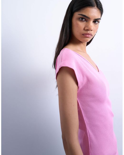 TOPSHOP Pink Rib Fitted V-neck Curve Hem Tee
