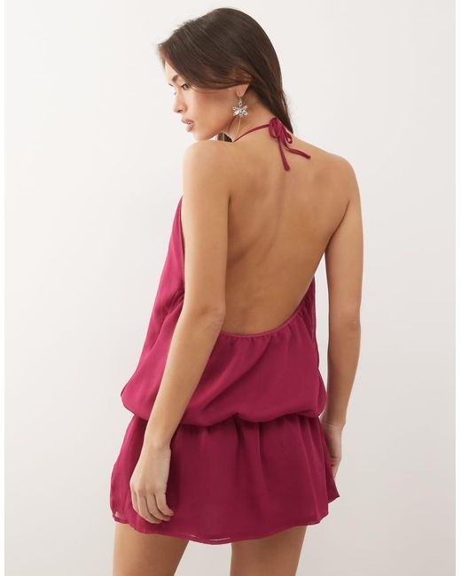 Motel Red Veloria High Halter Neck Dropped Waist Dress