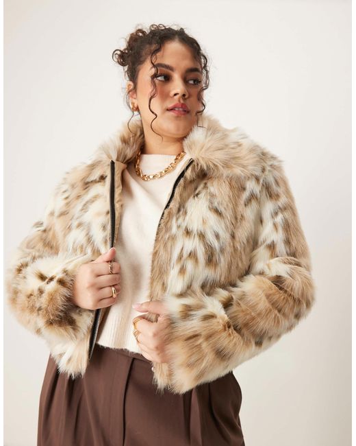ASOS Natural Asos design curve – kunstpelz-bomberjacke mit schneeleoparden-muster