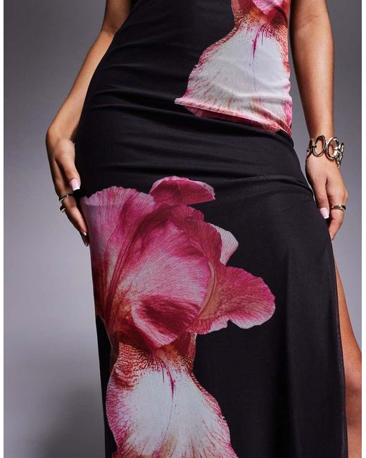 Kaiia White Exclusive Double Layered Slinky Mesh Floral Thigh Split Bandeau Maxi Dress